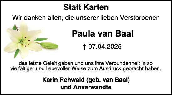 Traueranzeige von Paula van Baal von NNA