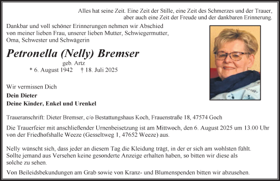 Traueranzeige von Petronella Bremser von NNA