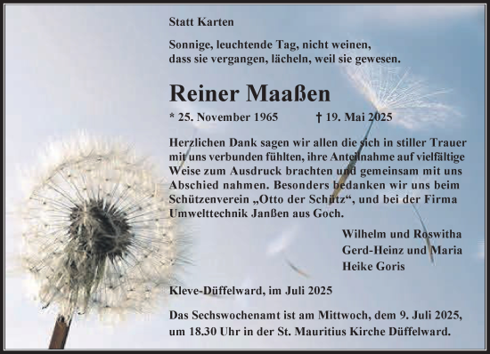 Traueranzeige von Reiner Maaßen von NNA