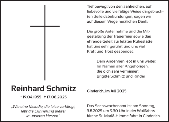 Traueranzeige von Reinhard Schmitz von NNA