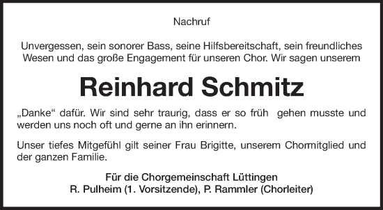 Traueranzeige von Reinhard Schmitz von NNA