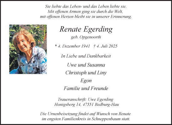 Traueranzeige von Renate Egerding von NNA