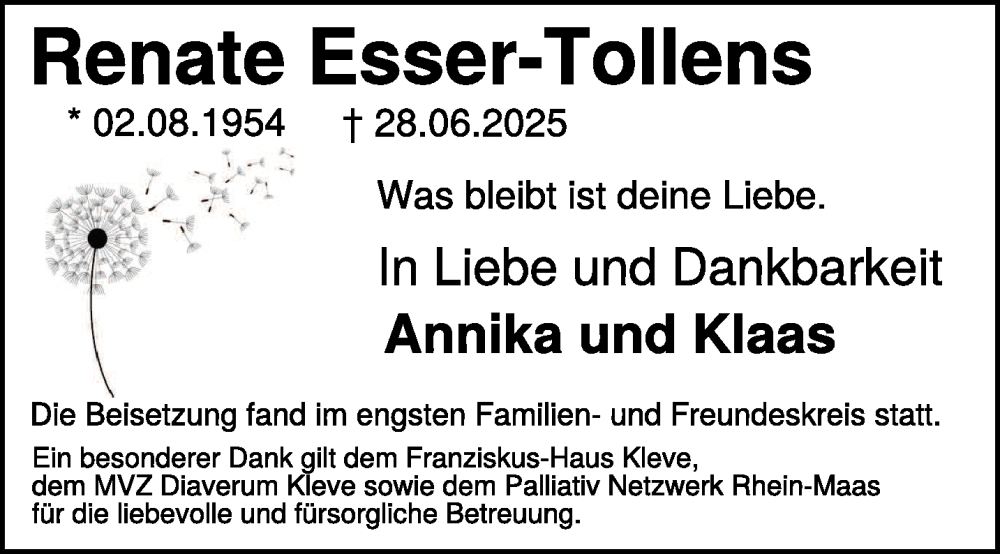 Traueranzeige für Renate Esser-Tollens vom 12.07.2025 aus NNA