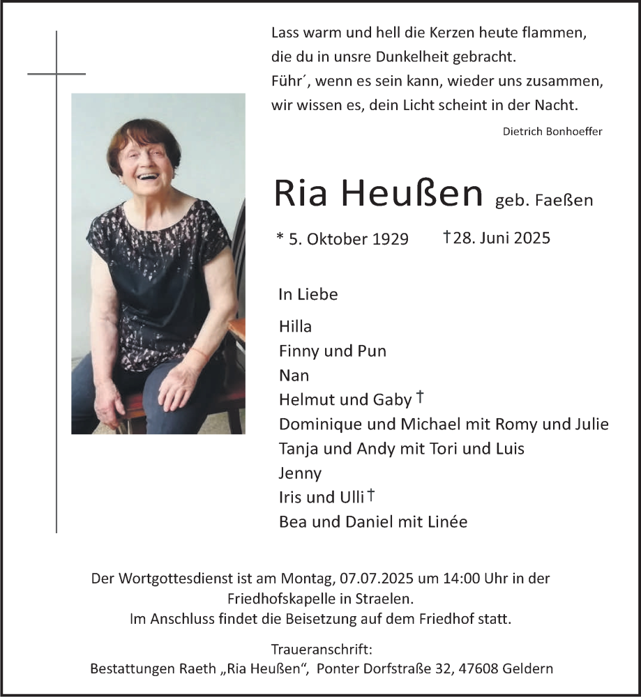  Traueranzeige für Ria Heußen vom 05.07.2025 aus NNA