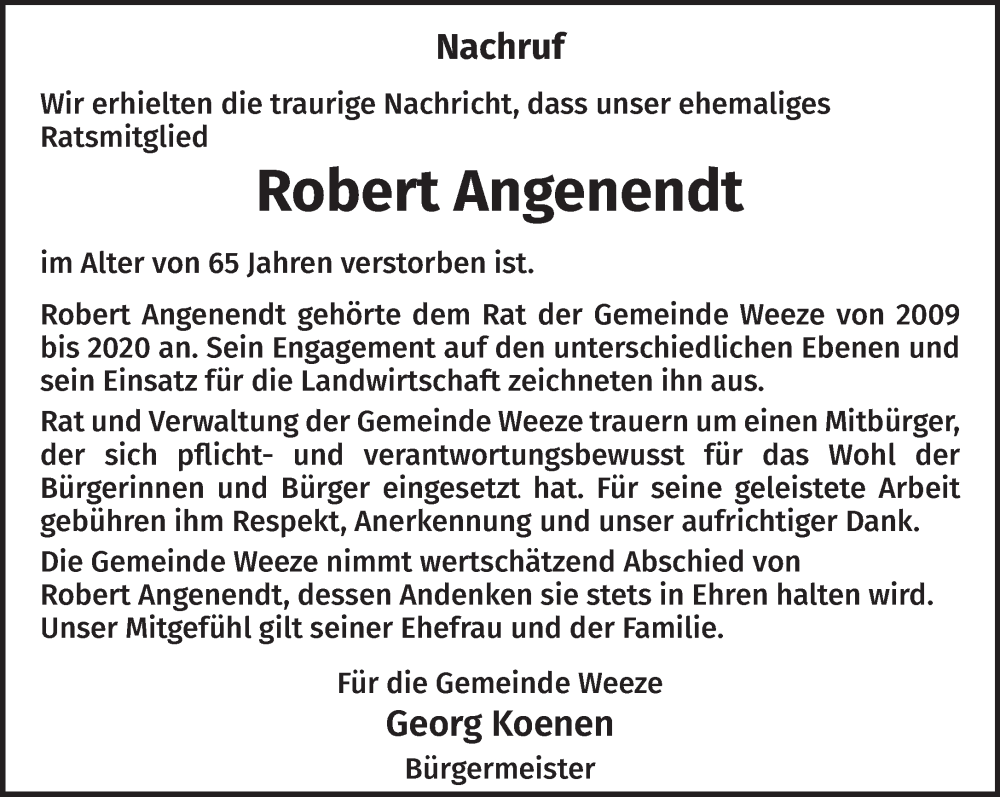  Traueranzeige für Robert Angenendt vom 19.07.2025 aus NNA