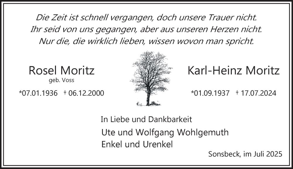  Traueranzeige für Rosel und Karl-Heinz Moritz vom 19.07.2025 aus NNA