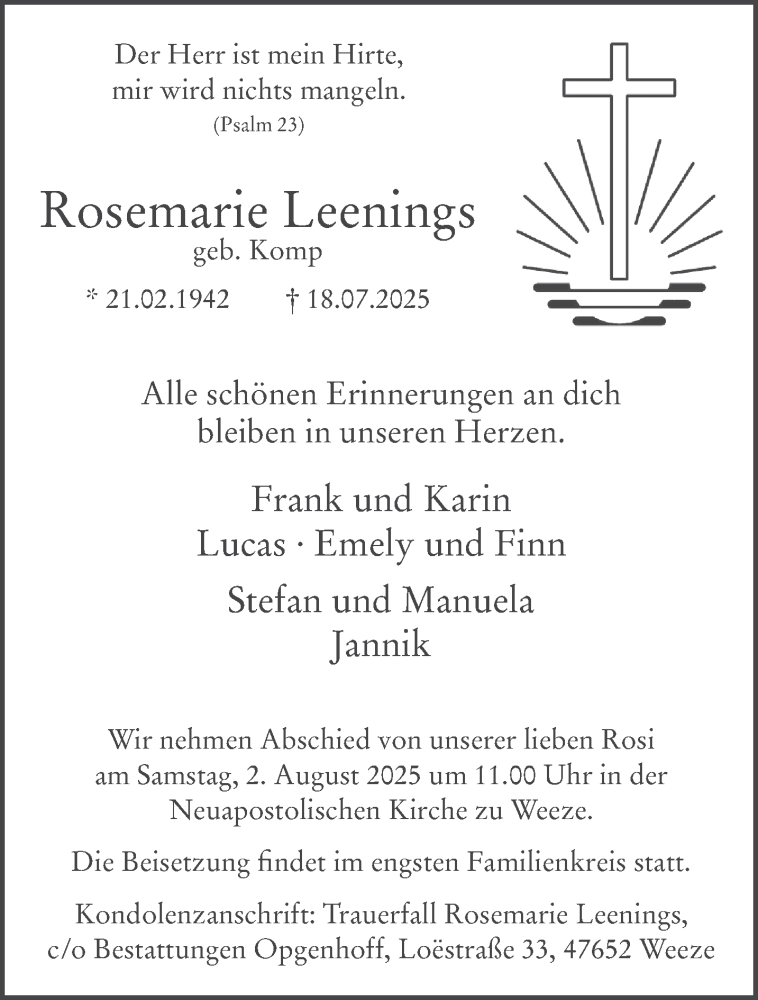  Traueranzeige für Rosemarie Leenings vom 26.07.2025 aus NNA