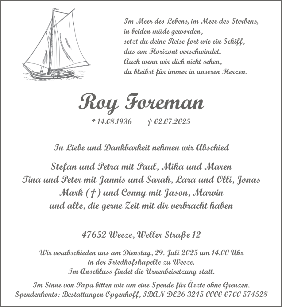  Traueranzeige für Roy Foreman vom 12.07.2025 aus NNA