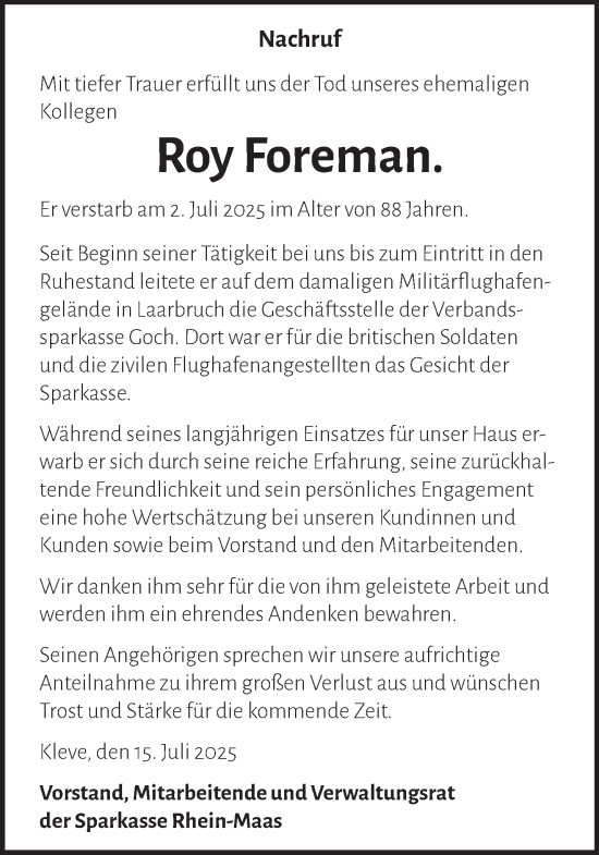 Traueranzeige von Roy Foreman von NNA