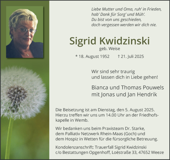 Traueranzeige von Sigrid Kwidzinski von NNA
