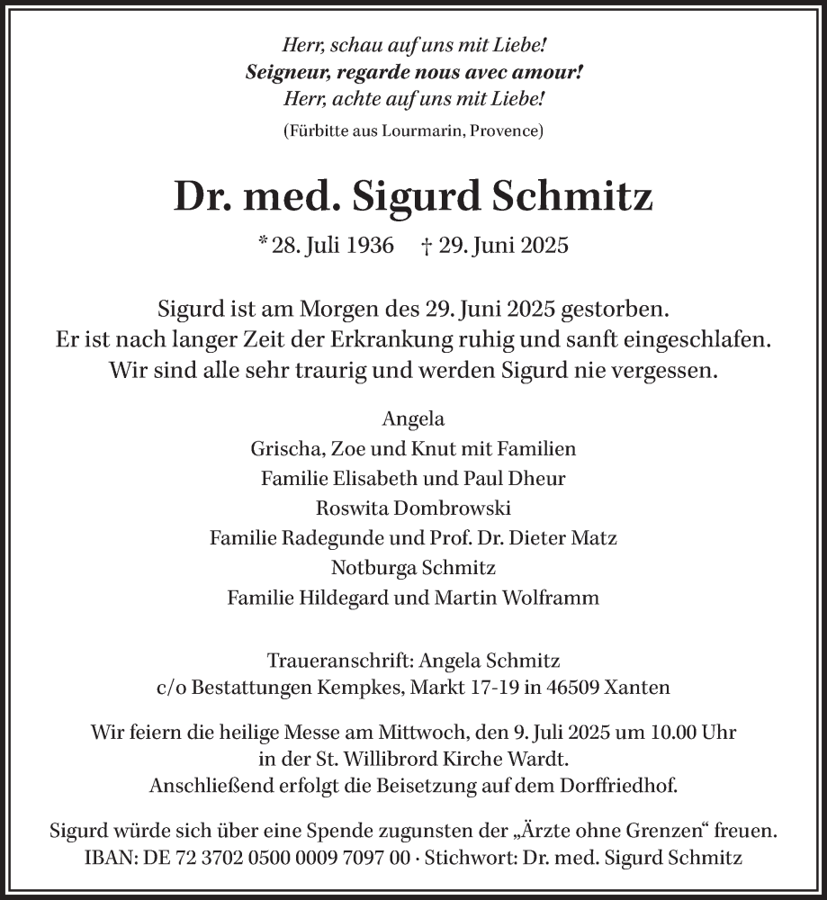  Traueranzeige für Sigurd Schmitz vom 05.07.2025 aus NNA