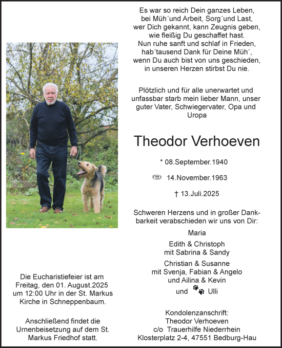 Traueranzeige von Theodor Verhoeven von NNA