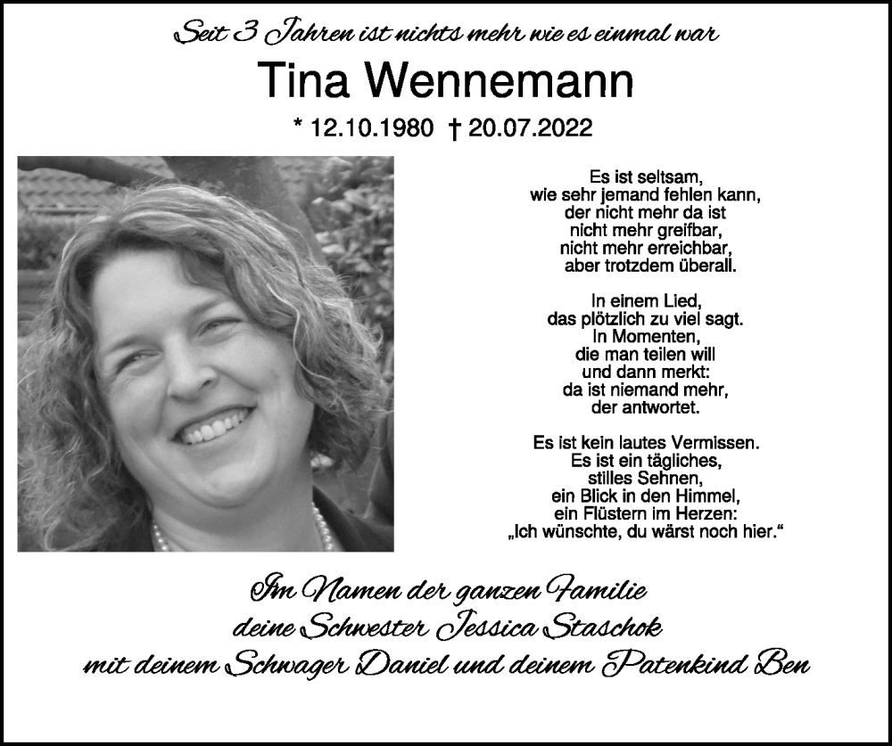  Traueranzeige für Tina Wennemann vom 19.07.2025 aus NNA