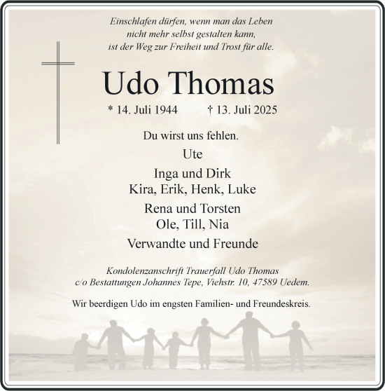 Traueranzeige von Udo Thomas von NNA