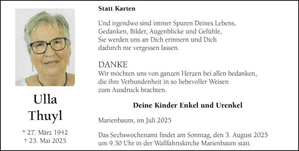  Traueranzeige für Ulla Thuyl vom 26.07.2025 aus NNA