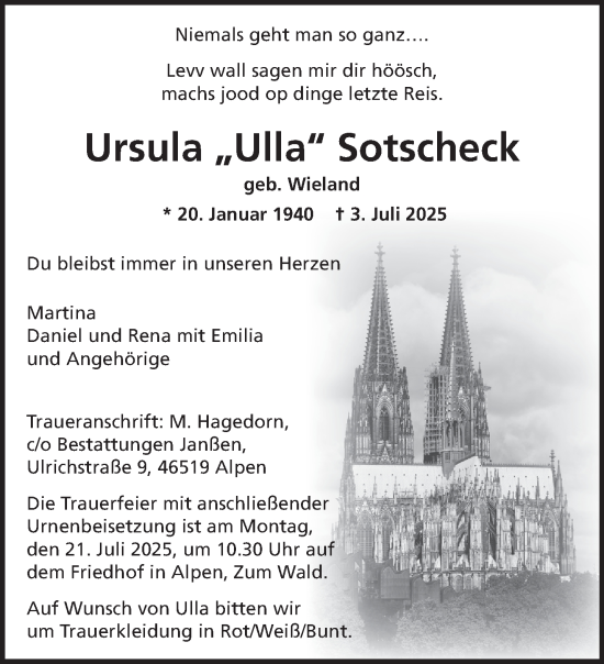 Traueranzeige von Ursula Sotscheck von NNA
