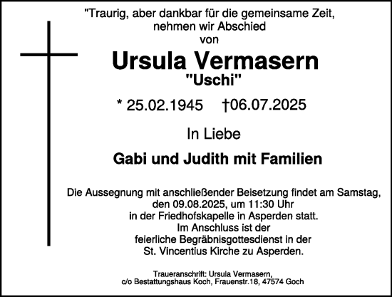 Traueranzeige von Ursula Vermasern von NNA
