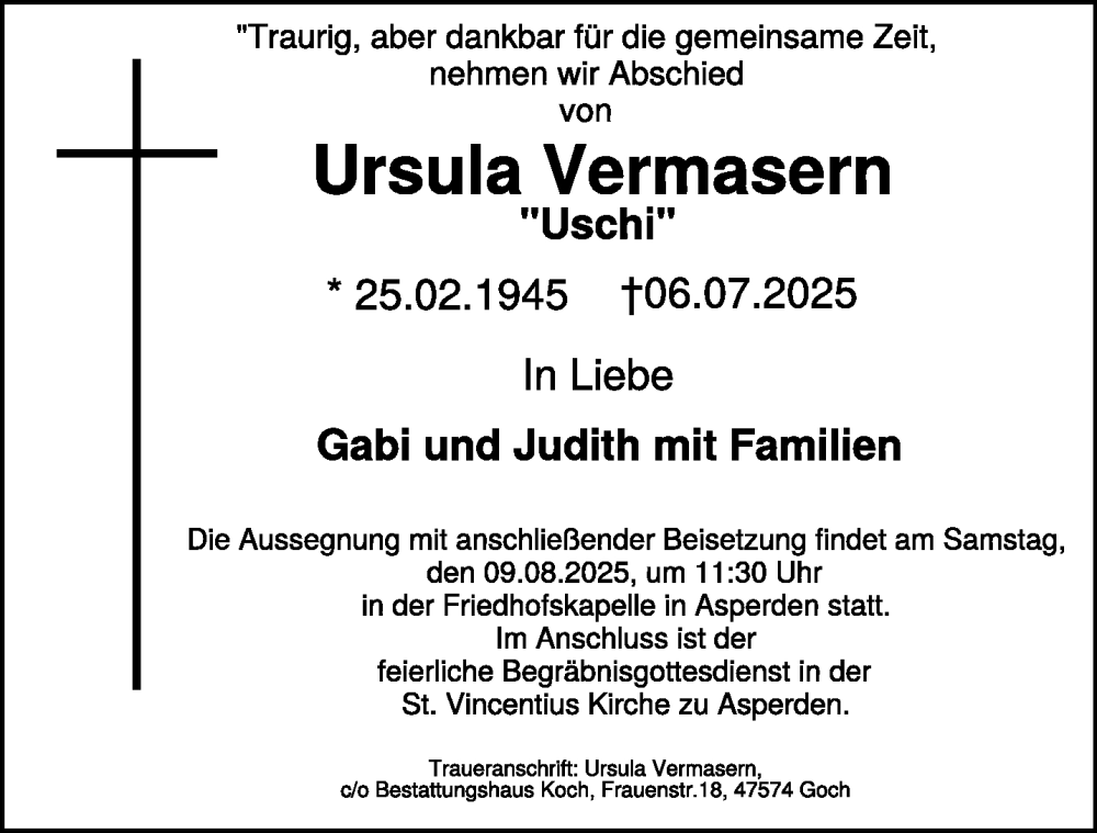  Traueranzeige für Ursula Vermasern vom 19.07.2025 aus NNA