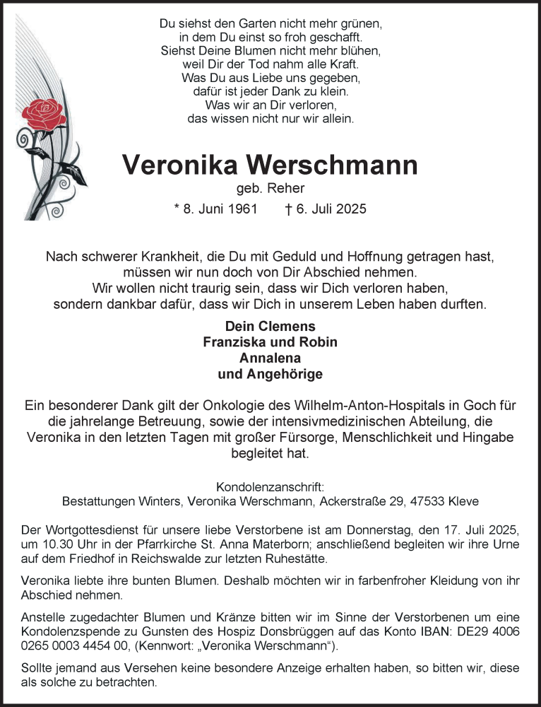  Traueranzeige für Veronika Werschmann vom 12.07.2025 aus NNA