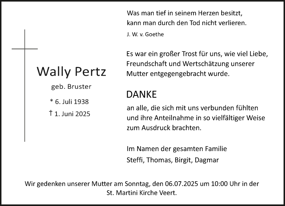  Traueranzeige für Wally Pertz vom 05.07.2025 aus NNA