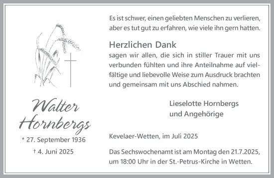 Traueranzeige von Walter Hornbergs von NNA