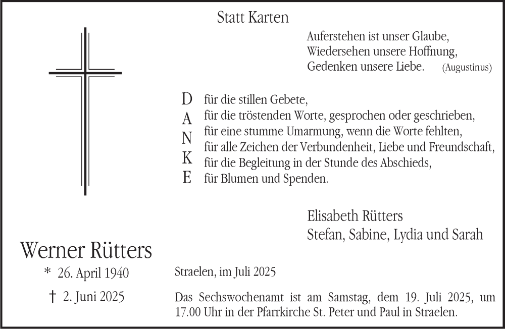  Traueranzeige für Werner Rütters vom 12.07.2025 aus NNA