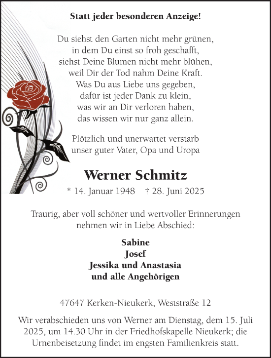 Traueranzeige von Werner Schmitz von NNA