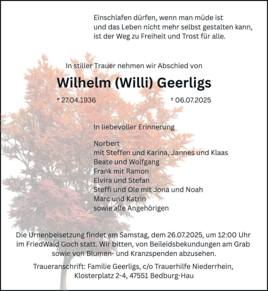 Traueranzeige von Wilhelm Geerligs von NNA