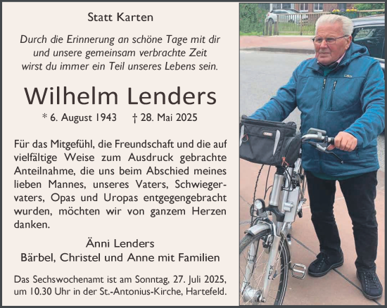 Traueranzeige von Wilhelm Lenders von NNA