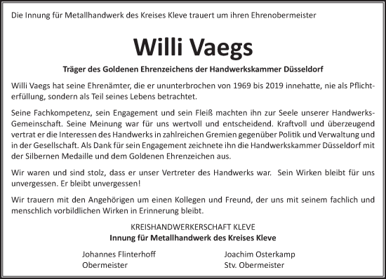 Traueranzeige von Willi Vaegs von NNA