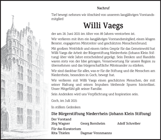 Traueranzeige von Willi Vaegs von NNA
