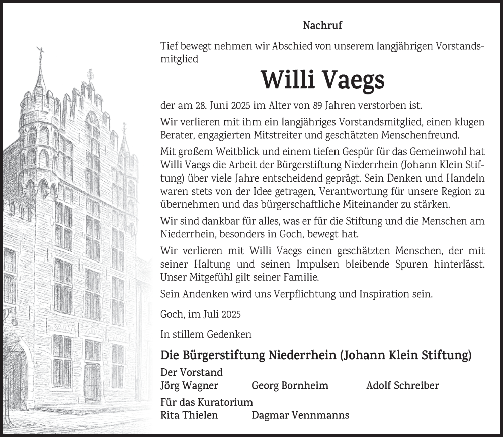  Traueranzeige für Willi Vaegs vom 05.07.2025 aus NNA