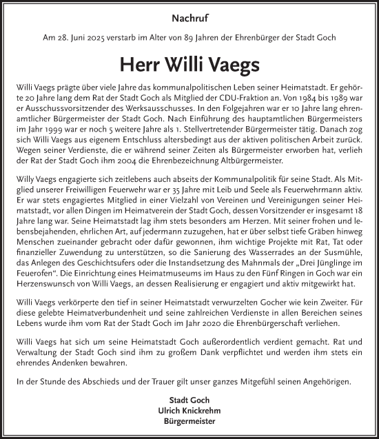 Traueranzeige von Willi Vaegs von NNA