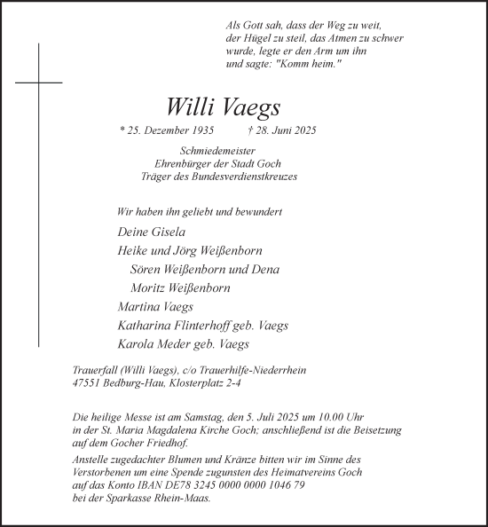 Traueranzeige von Willi Vaegs von NNA