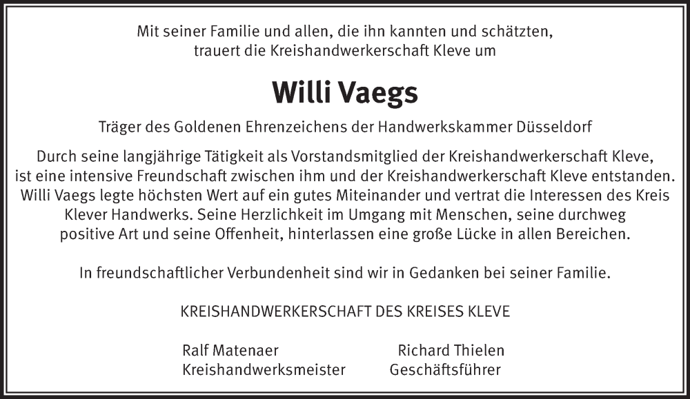  Traueranzeige für Willi Vaegs vom 05.07.2025 aus NNA