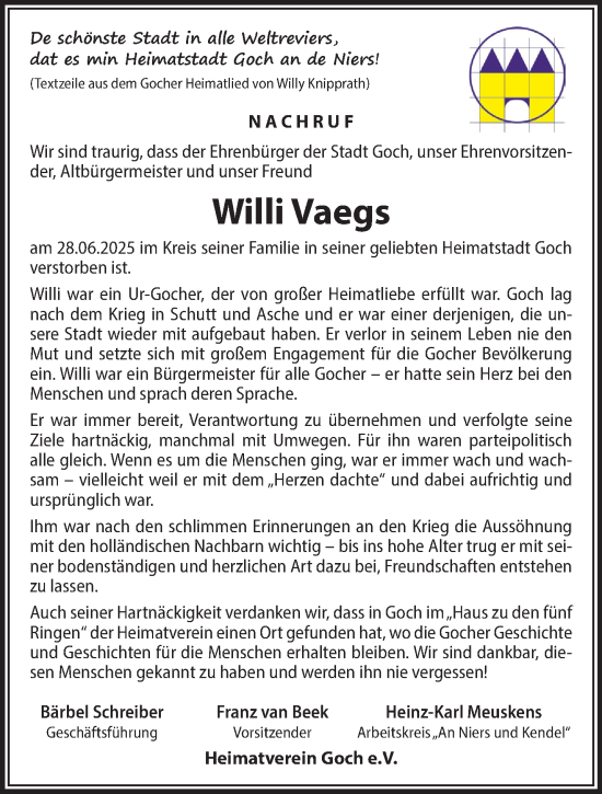Traueranzeige von Willi Vaegs von NNA