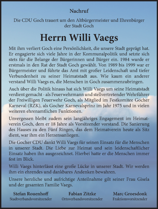 Traueranzeige von Willi Vaegs von NNA
