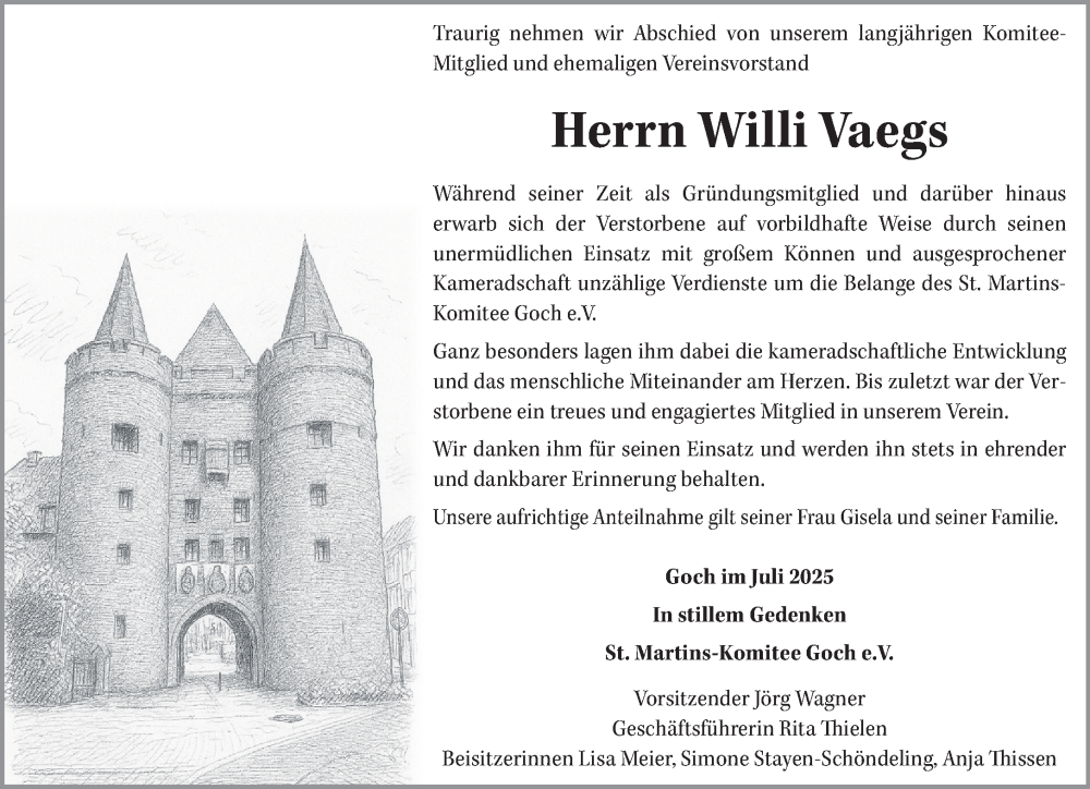  Traueranzeige für Willi Vaegs vom 05.07.2025 aus NNA