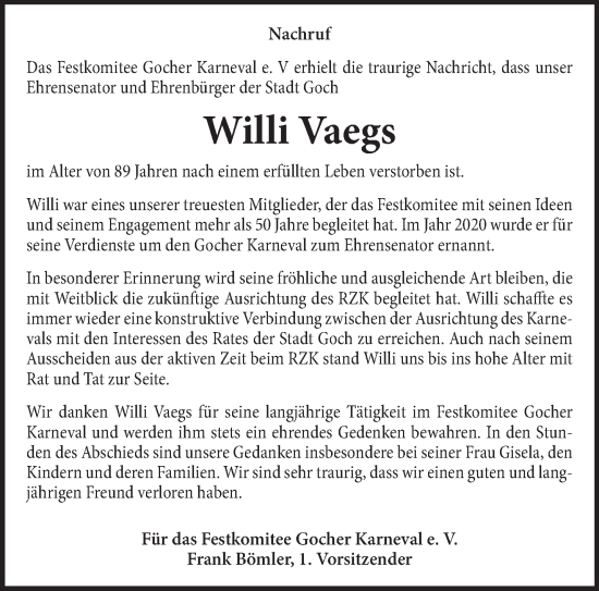 Traueranzeige von Willi Vaegs von NNA
