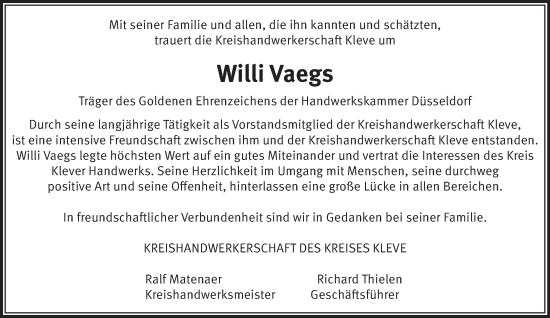 Traueranzeige von Willi Vaegs von NNA