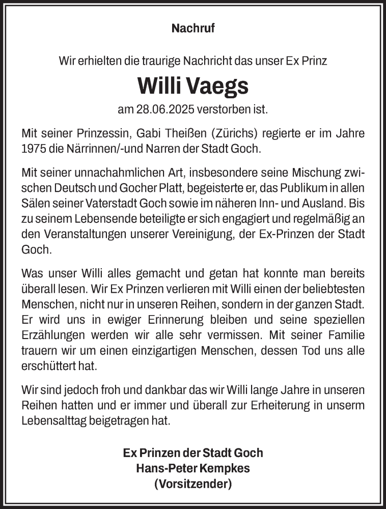  Traueranzeige für Willi Vaegs vom 12.07.2025 aus NNA