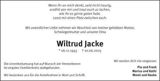 Traueranzeige von Wiltrud Jacke von NNA