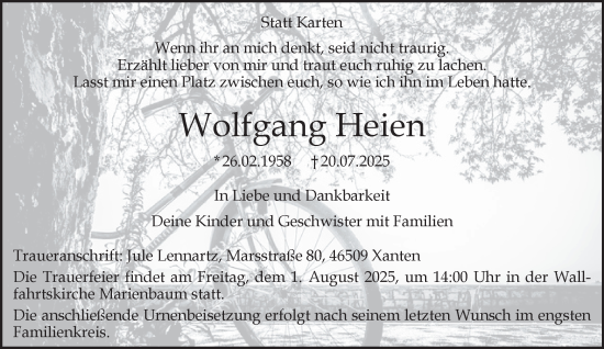 Traueranzeige von Wolfgang Heien von NNA