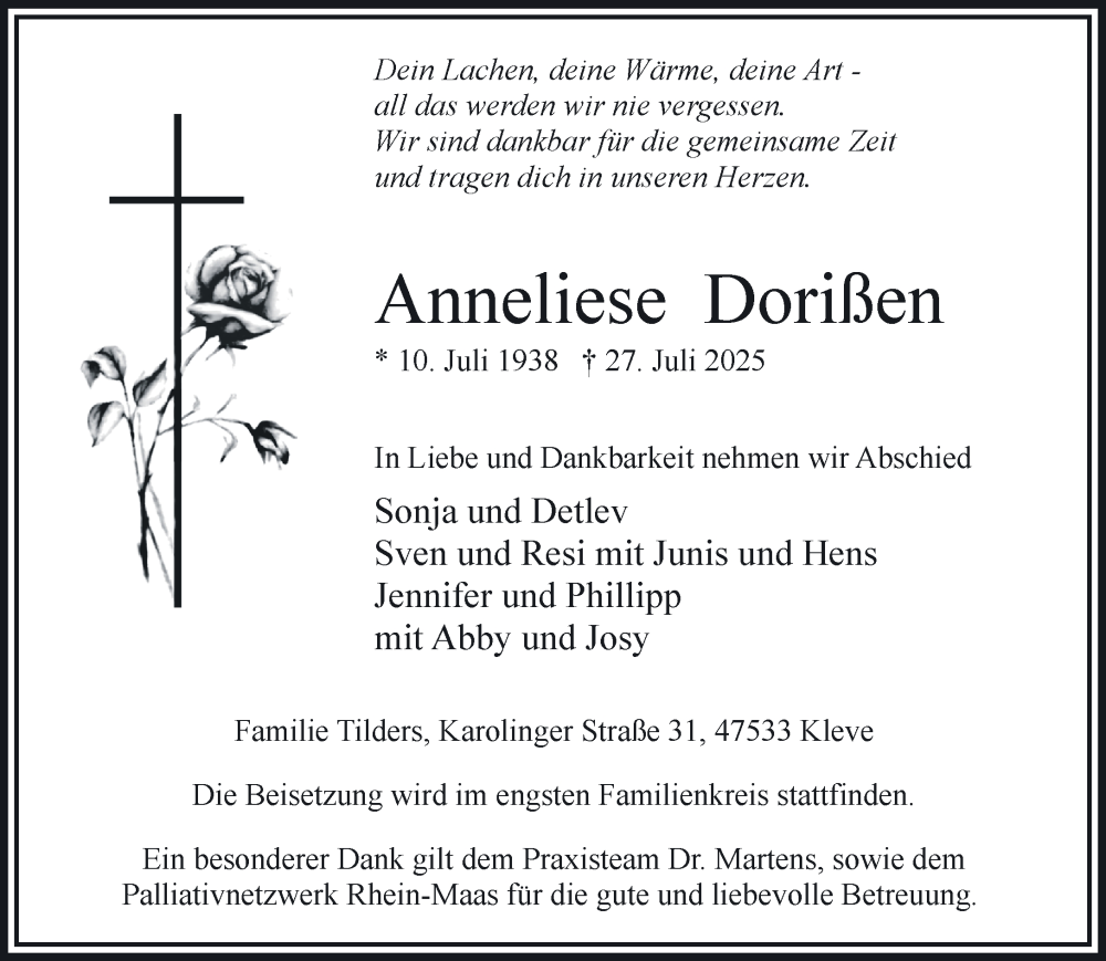  Traueranzeige für Anneliese Dorißen vom 02.08.2025 aus NNA