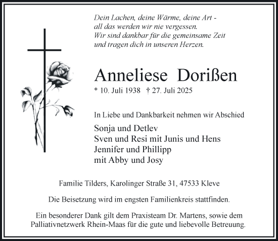 Traueranzeige von Anneliese Dorißen von NNA
