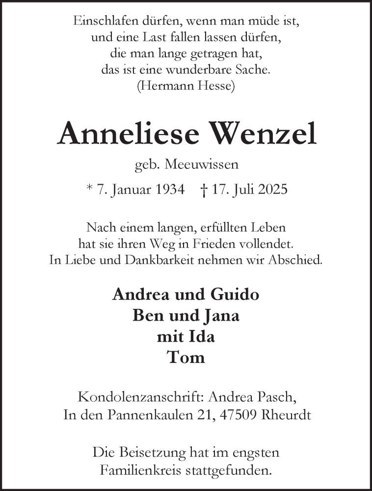  Traueranzeige für Anneliese Wenzel vom 02.08.2025 aus NNA