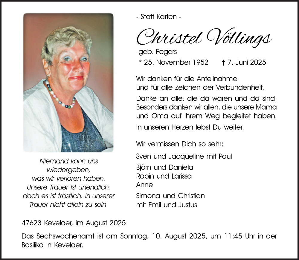  Traueranzeige für Christel Völlings vom 02.08.2025 aus NNA