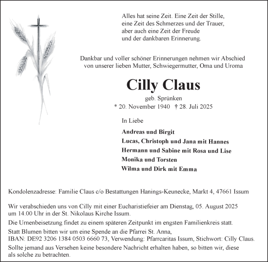 Traueranzeige von Cilly Claus von NNA