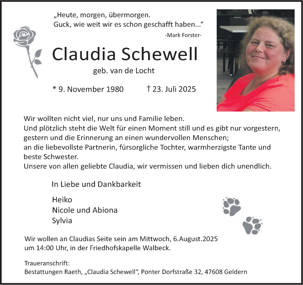  Traueranzeige für Claudia Schewell vom 02.08.2025 aus NNA