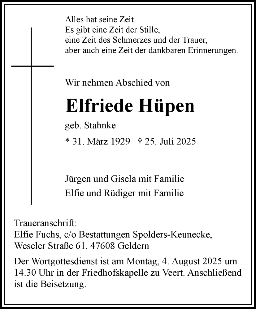  Traueranzeige für Elfriede Hüpen vom 02.08.2025 aus NNA